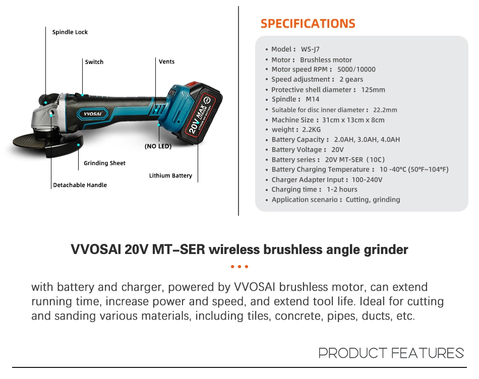Ready Stock Industry Leading Vvosai 20V Automatic Cordless Angle Grinder